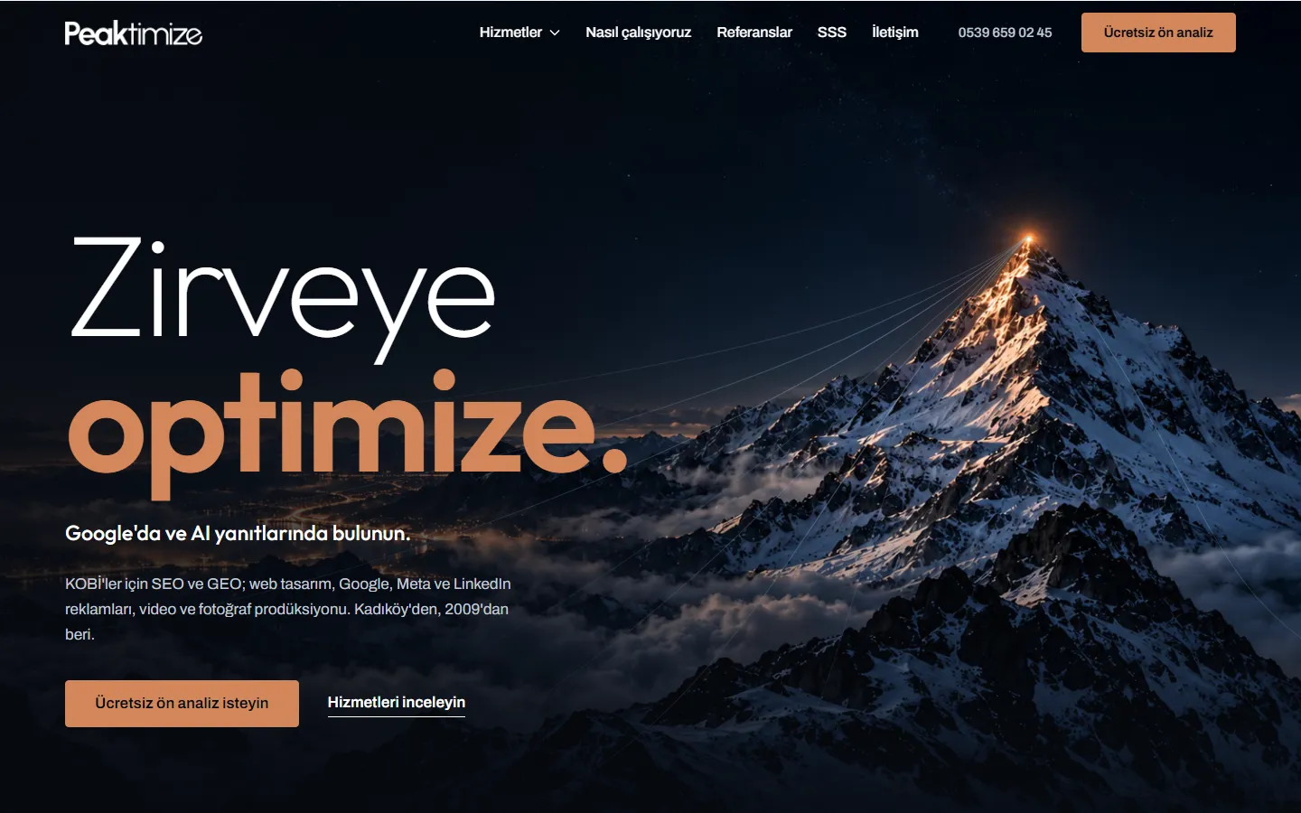 Peaktimize ana sayfasının tasarlanmış hali: zirve fotoğrafı ve Zirveye optimize başlığı