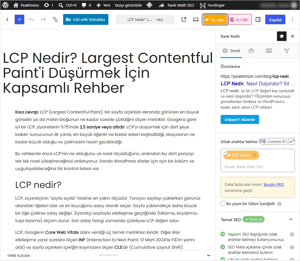 WordPress editöründe Rank Math paneli: arama sonucu önizlemesi, odak anahtar kelime ve temel SEO kontrolleri