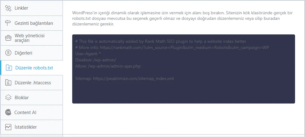 Rank Math robots.txt düzenleyicisi: wp-admin engelli, admin-ajax açık, site haritası satırı ekli